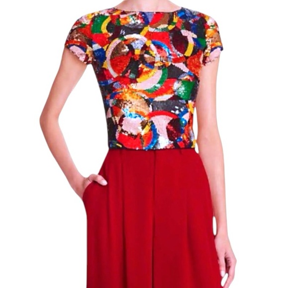 $440 Sequins Alice + Olivia Kaleidoscopic Crop Top 2 COLORFUL Back Stretch Panel - Picture 12 of 16